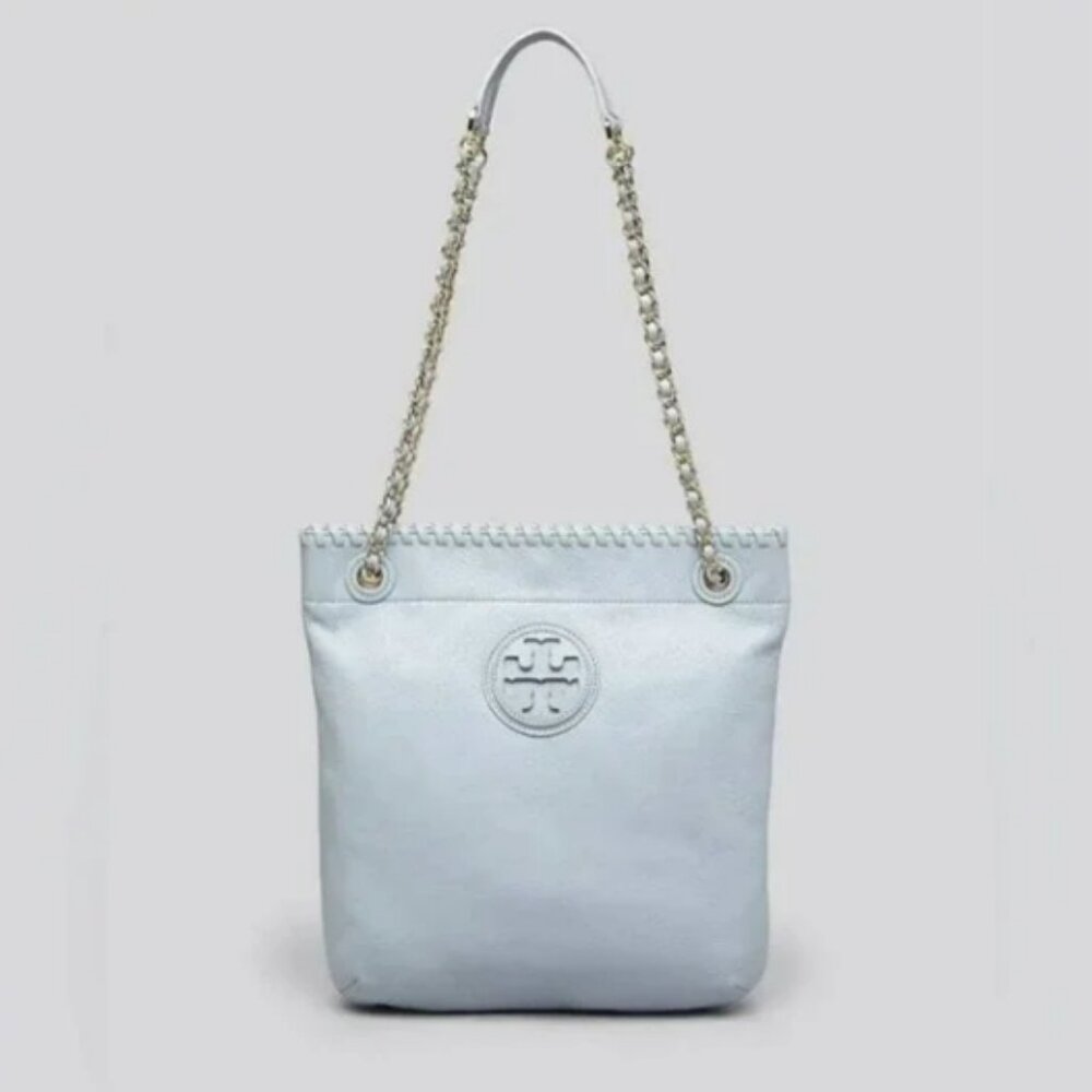 Tory Burch Periwinkle Blue Whipstitch-Trimmed Leather Shoulder Bag EUC